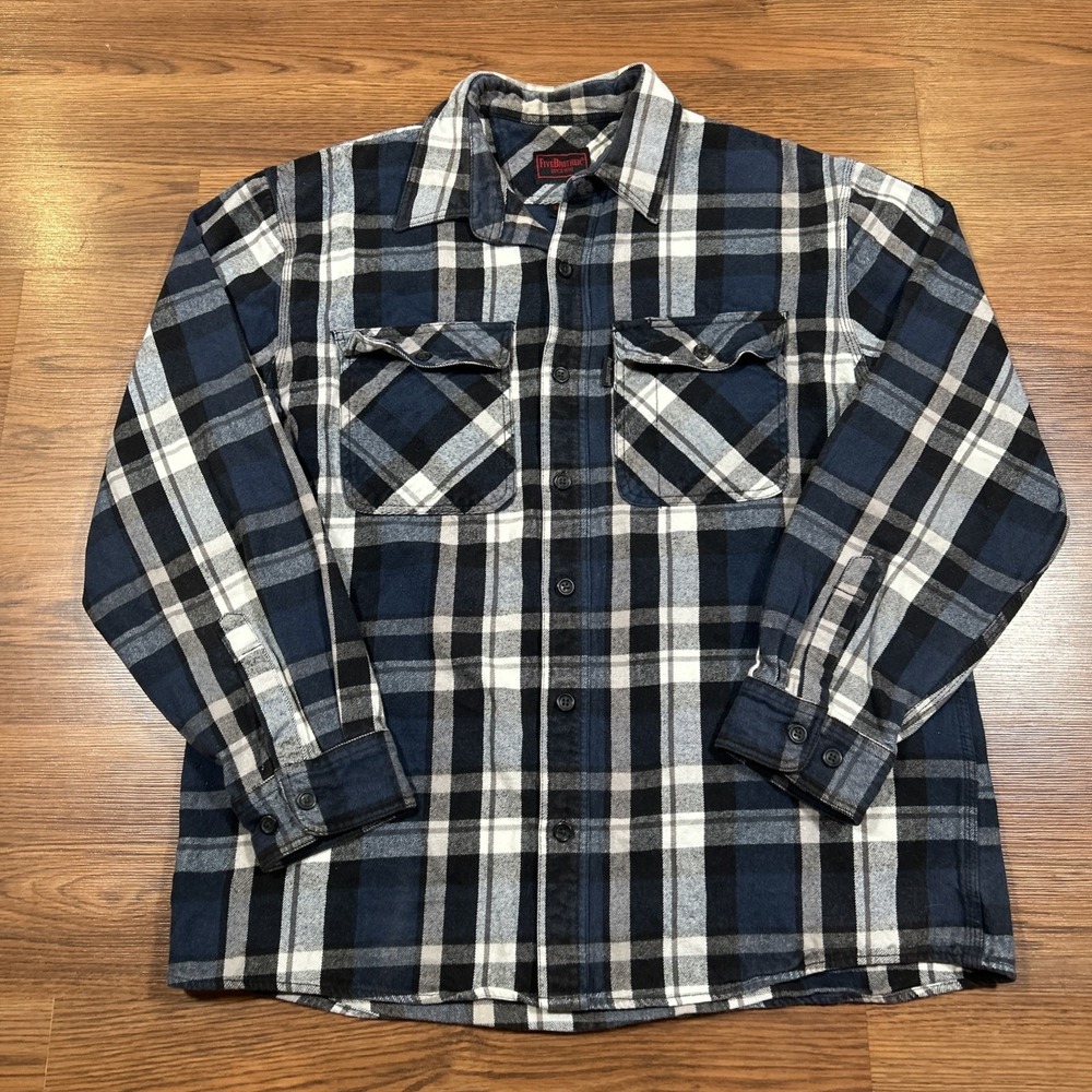 Five Brother Button Up Mens L Blue Flannel Plaid Heavyweight Workwear Casual
